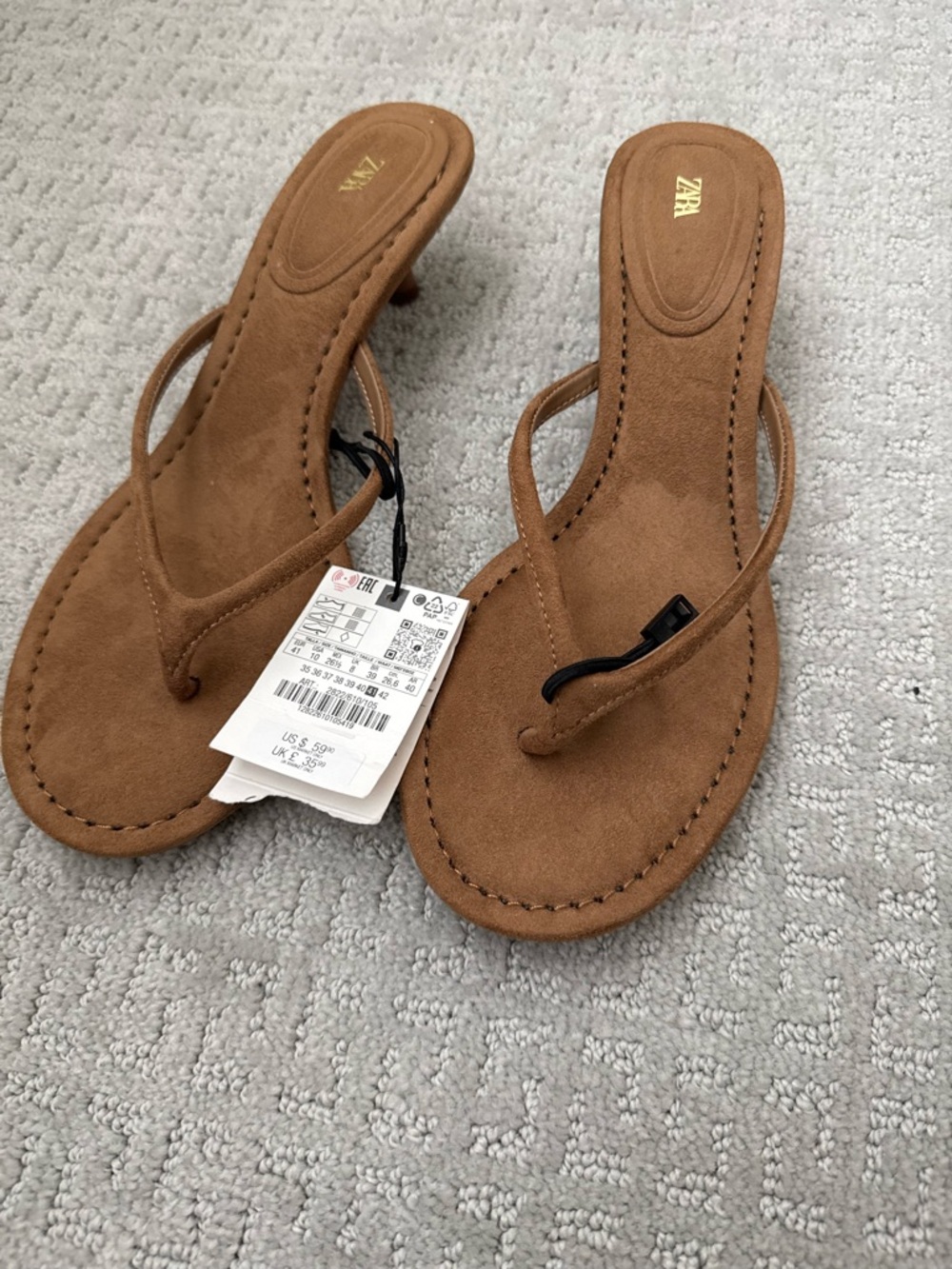 Zara Brown Suede Thong Heel Sandals